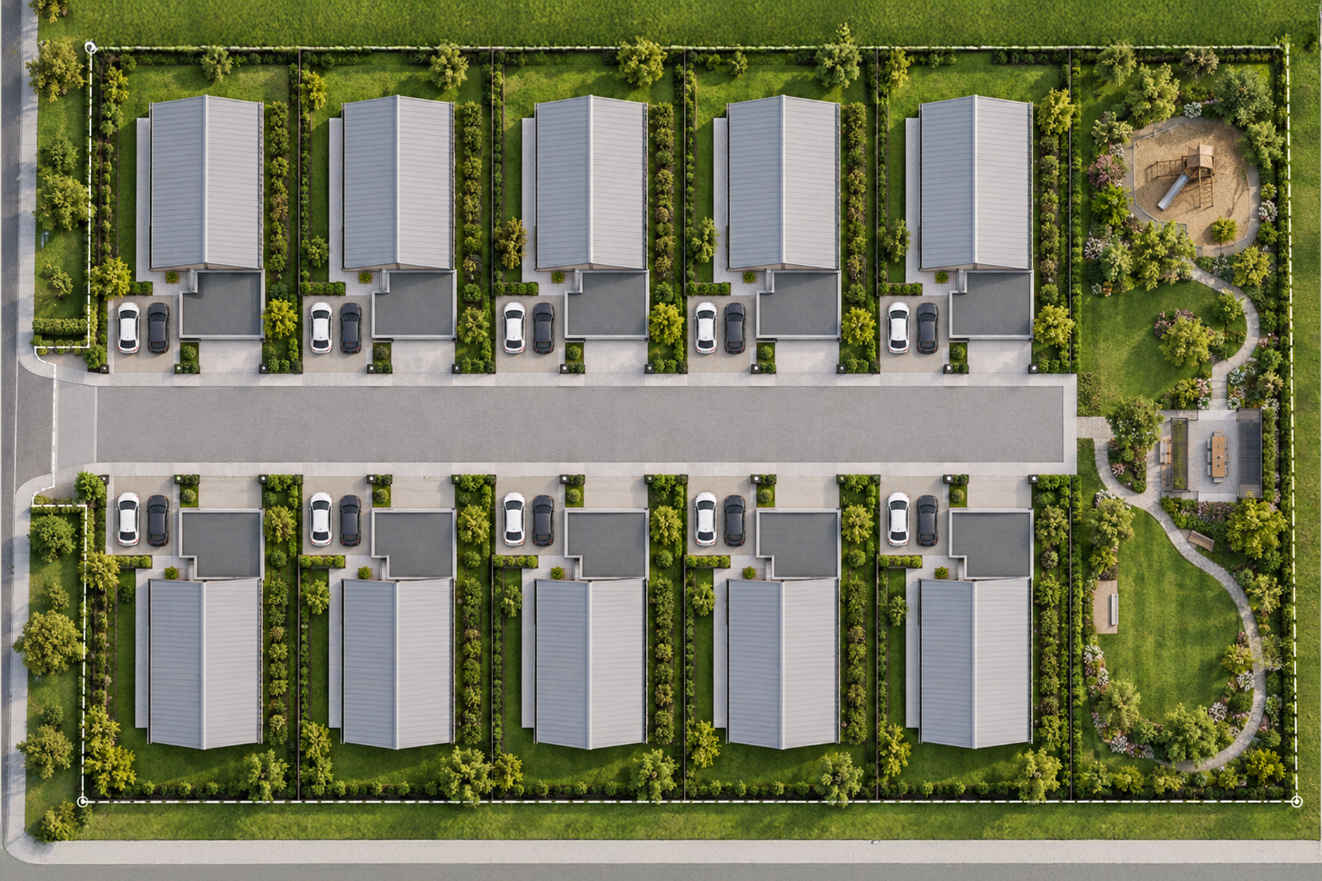 Indicative masterplan placeholder: ten homes and shared landscape around an internal street